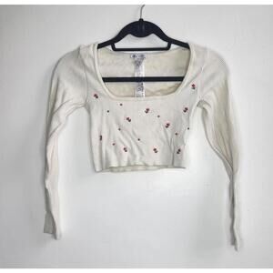 Zara Shirt Womens XS-S White Floral Ribbed Long Sleeve Crop Top Embroidered